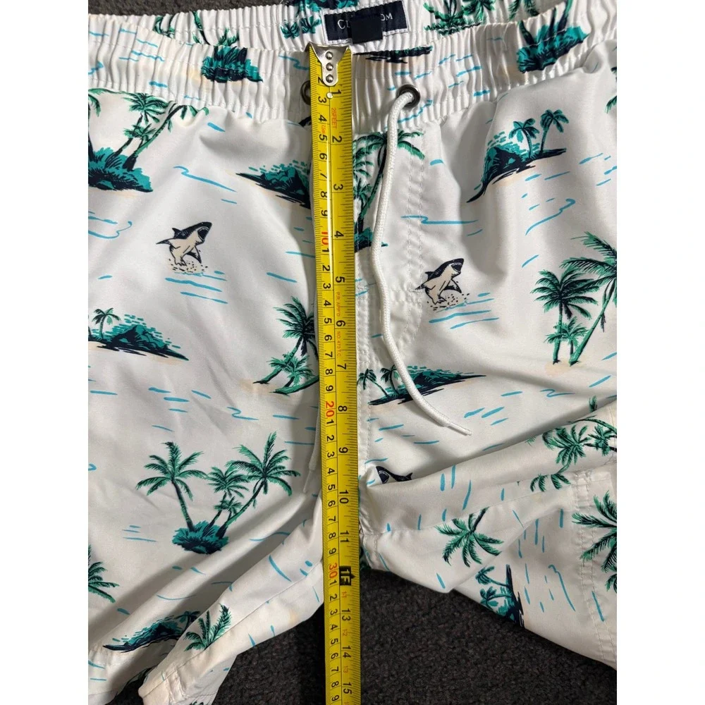 Club Room Mens Small White Tropical Shark Palm Tree Swim Trunks Mesh Lined 6in